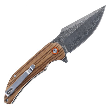 Klaken Knives Ravenor Folding Knife Zebra Wood Handle Damascus Plain Edge J337-Ravenor-Zebra