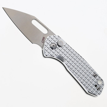 (From collection) WMK Exclusive CJRB Mini Pyrite Frag Pattern Button Lock Pocket Knife Aluminum Handle AR-RPM9 Warncliffe Plain Edge Stonewash Finish J1933-AL