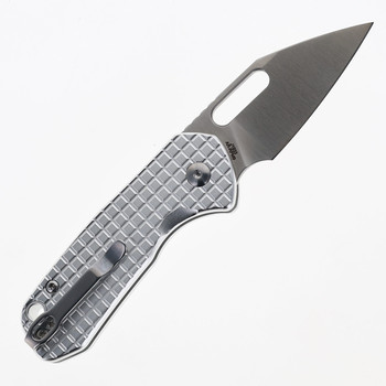 (From collection) WMK Exclusive CJRB Mini Pyrite Frag Pattern Button Lock Pocket Knife Aluminum Handle AR-RPM9 Warncliffe Plain Edge Stonewash Finish J1933-AL