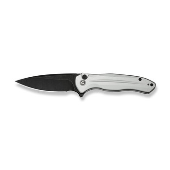 Civivi Button Lock Kitefin Folding Knife Silver Aluminum Handle 14C28N Plain Edge Black Stonewash Finish C24091-2