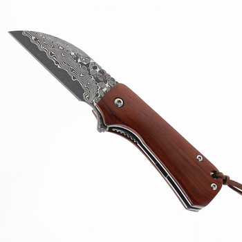 Klaken Knives Folding Knife Red Sandalwood Handle Damascus Plain Edge J355-Dot-Red-Sandwood