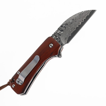 Klaken Knives Folding Knife Red Sandalwood Handle Damascus Plain Edge J355-Dot-Red-Sandwood