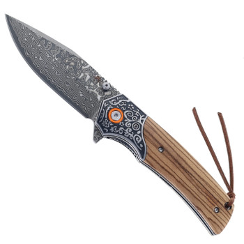 Klaken Folding Knife Zebrawood Handle Damascus Plain Edge J386-Aegis-Zebra