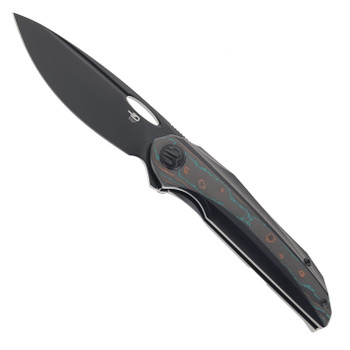 Bestech SENU Folding Knife Titanium/CamoCarbon Handle S90V Plain Edge Black PVD Finish BT2601D