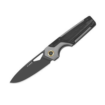 Kizer Serpentine Folding Knife Gray/Black Titanium/Micarta Handle Elmax Drop Point Plain Edge Matte Black DLC Finish Ki3759FDA2