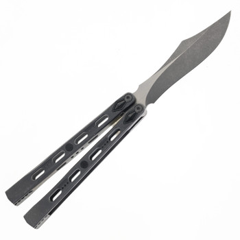 Poikilo Blade PM 1 V2 Dao Butterfly Knife Dark Stonewash Titanium Handle M390 Plain Dark Stonewash Finish