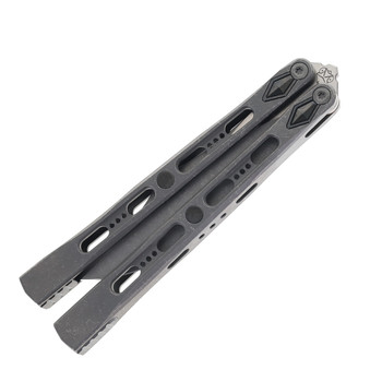 Poikilo Blade PM 1 V2 Dao Butterfly Knife Dark Stonewash Titanium Handle M390 Plain Dark Stonewash Finish