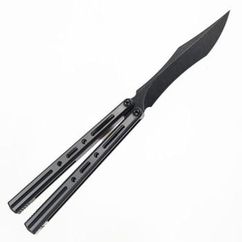 Poikilo Halo PM 3 - S2 Butterfly Knife Titanium Handle M390 Recurved Tanto Plain Edge Dark Stonewash Finish