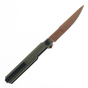Bestech DUOZ Folding Knife OD Green G10 Handle 14C28N Plain Edge Gold Finish BG65F