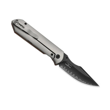 (Ships March 4th) Kizer Harpoon Fold Folding Knife Gray/Brown Titanium/Micarta Handle 3-layer Composite Steel Drop Point Plain Edge Acid Wash Finish Ki4784A4