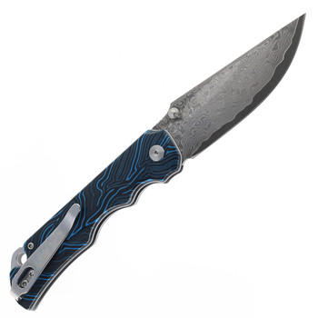 (Weake Detent) Open Box/Returned Two Sun Folding Knife Blue/Black G10 Handle Damascus Clip Point Plain Edge TS598