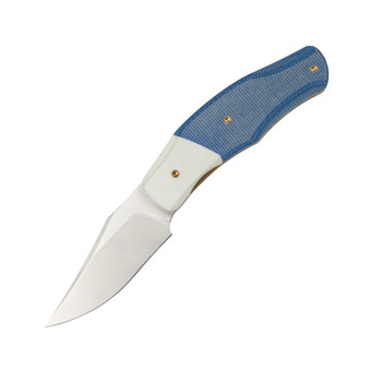 Molsect OldFashioned Folding Knife Blue Micarta/White G10 Handle 14C28N Bowie Point Plain White Blade MUC777WB
