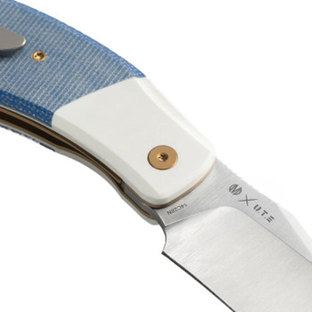 Molsect OldFashioned Folding Knife Blue Micarta/White G10 Handle 14C28N Bowie Point Plain White Blade MUC777WB