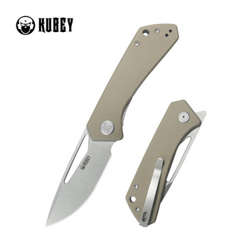 Kubey Thalia Folding Knife Tan G10 Handle 14C28N Drop Point Plain Edge Stonewash Finish KU331R