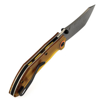 Tenable Tipper Folding Knife Amber PEI Handle Water Ripple Damascus Cleaver Plain Edge B1079A5