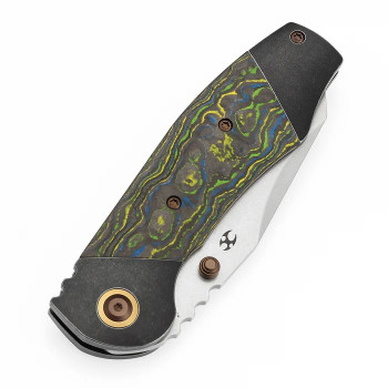 (Wrong Box) Returned Kansept Caveman Folding Knife Blackwash Titanium/Gecko CamoCarbon Handle 20CV Plain Edge Stonewash Finish K1110B1