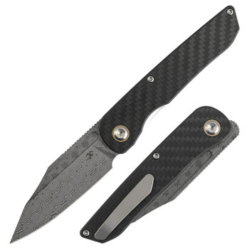 Kansept Nettle Folding Knife Twill Carbon Fiber/G10 Handle Damascus Tanto Plain Edge T1103A1