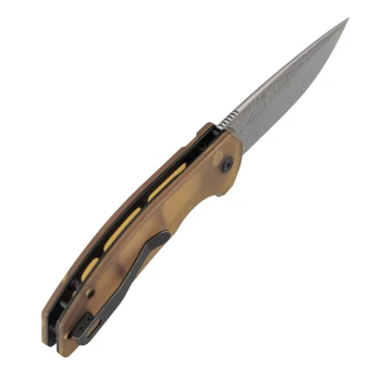 Kansept Accipiter Folding Knife Amber PEI/Ultem Handle Damascus Plain Edge T1007F1