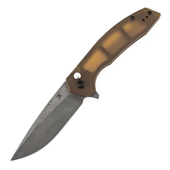 Kansept Accipiter Folding Knife Amber PEI/Ultem Handle Damascus Plain Edge T1007F1