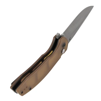 Kansept Accipiter Folding Knife Amber PEI/Ultem Handle Damascus Plain Edge T1007F1