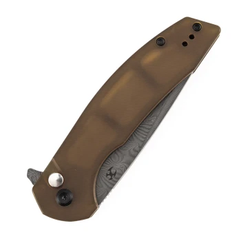 Kansept Accipiter Folding Knife Amber PEI/Ultem Handle Damascus Plain Edge T1007F1