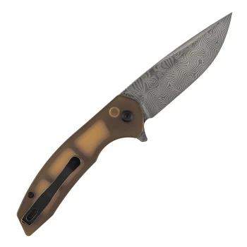 Kansept Accipiter Folding Knife Amber PEI/Ultem Handle Damascus Plain Edge T1007F1