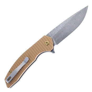 Kansept Accipiter Folding Knife Bronze Aluminum Handle Damascus Plain Edge Stonewash Finish T1007F4