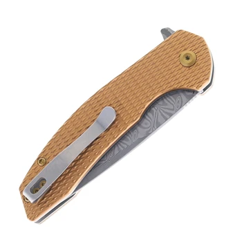 Kansept Accipiter Folding Knife Bronze Aluminum Handle Damascus Plain Edge Stonewash Finish T1007F4