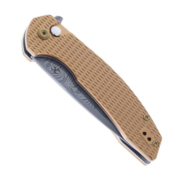 Kansept Accipiter Folding Knife Bronze Aluminum Handle Damascus Plain Edge Stonewash Finish T1007F4