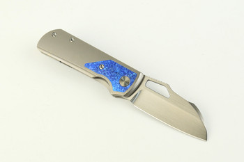 (Coming in March) LEFT Handed Divo Knives Pony Stout V2 Folding Knife Bead Blasted w/ Blue Crystalized Titanium Satin Vanax Blade