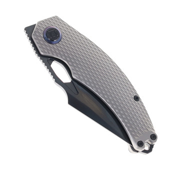 Kunwu Poon Padre Folding Knife Beadblast Grey Diamond Titanium Handle S90V Plain Edge Black DLC Finish K706TO-T3