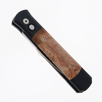Protech Godfather Automatic Knife Black Aluminum Handle with Maple Burl Wood 154CM Satin Blade 906-SATIN