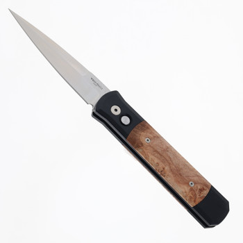 Protech Godfather Automatic Knife Black Aluminum Handle with Maple Burl Wood 154CM Satin Blade 906-SATIN