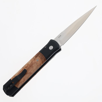 Protech Godfather Automatic Knife Black Aluminum Handle with Maple Burl Wood 154CM Satin Blade 906-SATIN