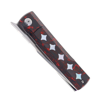 Katsu Genkai Hono Folding Knife Red/Carbon Fiber/White MOP Handle M390 Plain Edge Satin Finish GENKAI_Hono