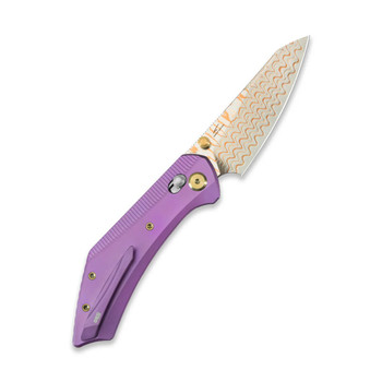 GEO Knife Divid Folding Knife Purple Titanium Handle Damascus/Copper Plain Edge GEO2507C