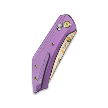 GEO Knife Divid Folding Knife Purple Titanium Handle Damascus/Copper Plain Edge GEO2507C