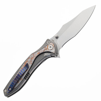 Tuya Knives Camel Folding Knife Gray Titanium Integral/Color Mokume Handle M390 Drop Point Plain Edge Stonewash Finish