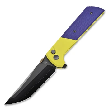 North Mountain Blade Folding Knife Yellow/Purple Inlay Aluminum Handle SLD-Magic Modified Tanto Plain Edge Black DLC Finish 2408-PRGR-DLC