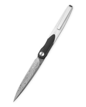 Bestechman Lanza Folding Knife Black/White G10 Handle Damascus Plain Edge Acid Etched Finish BMK14-D-1