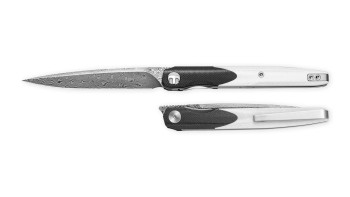 Bestechman Lanza Folding Knife Black/White G10 Handle Damascus Plain Edge Acid Etched Finish BMK14-D-1