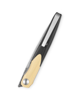 Bestechman Lanza Folding Knife Khaki/Black G10 Handle Damascus Plain Edge Acid Etched Finish BMK14-D-2