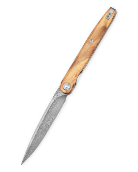 Bestechman Lanza Folding Knife Olive Wood Handle Damascus Plain Edge Acid Etched Finish BMK14-D-4