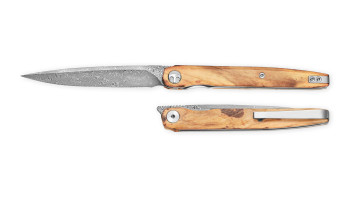 Bestechman Lanza Folding Knife Olive Wood Handle Damascus Plain Edge Acid Etched Finish BMK14-D-4