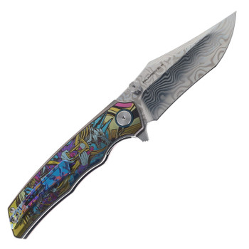 SixLeaf Folding Knife Multicolor Titanium Handle Damascus Plain Edge SL-91-ENGRAVE-3