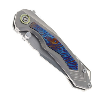 SixLeaf Folding Knife Gray/Blue Titanium/TiDamascus Handle 14C28N Drop Point Plain Edge SL-100-Tima