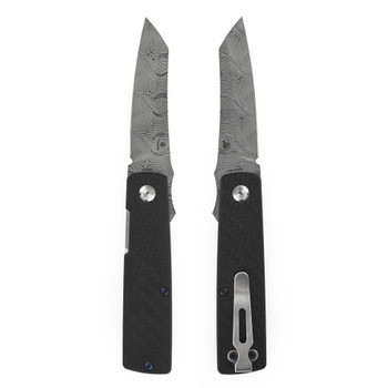 Tenable Higonokami Folding Knife Twill Carbon Fiber Handle 3.02" Water Ripple Damascus Reverse Tanto Plain Edge B2135A3