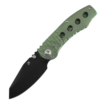 Kansept Caveman Folding Knife Green Stonewash Titanium Handle 20CV Tanto Plain Edge Blackwash Finish K1110A3