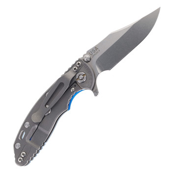 Hinderer Knives XM-18 3.0" Folding Knife Bowie Blade Blue G10 Handle Working Finish Titanium & Stonewashed 20CV Blade