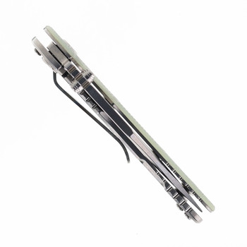 Hinderer Knives XM-18 3.0" Folding Knife Bowie Blade Translucent Green G10 Handle Stonewashed Titanium & 20CV Blade